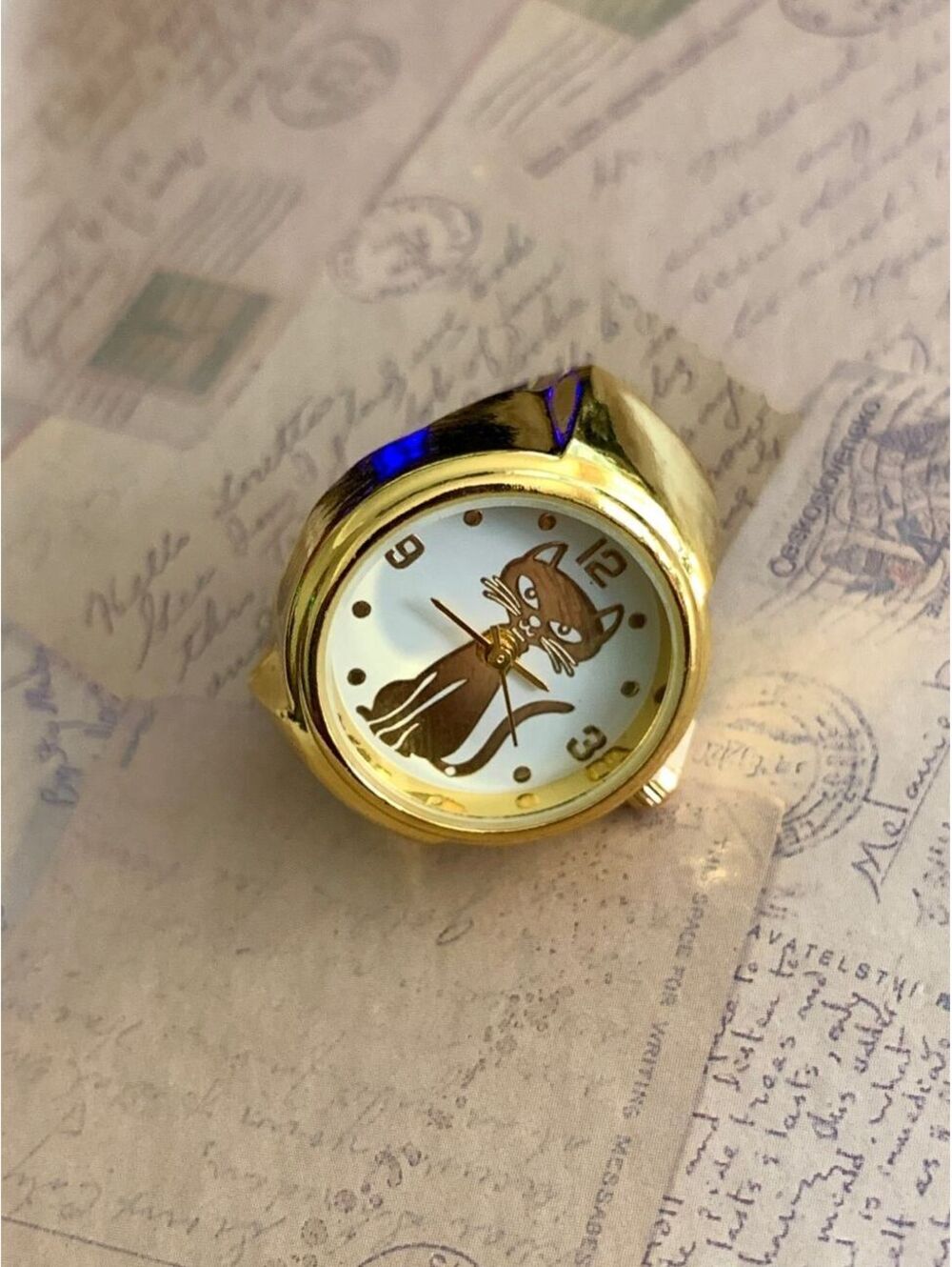 Charming Gold Tone Cat Face Ring Watch - Fun & Unique Accessory